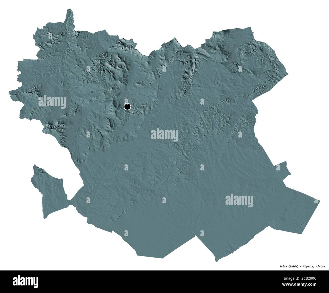 Forme de Saïda, province d'Algérie, avec sa capitale isolée sur fond blanc. Carte d'altitude en couleur. Rendu 3D Banque D'Images