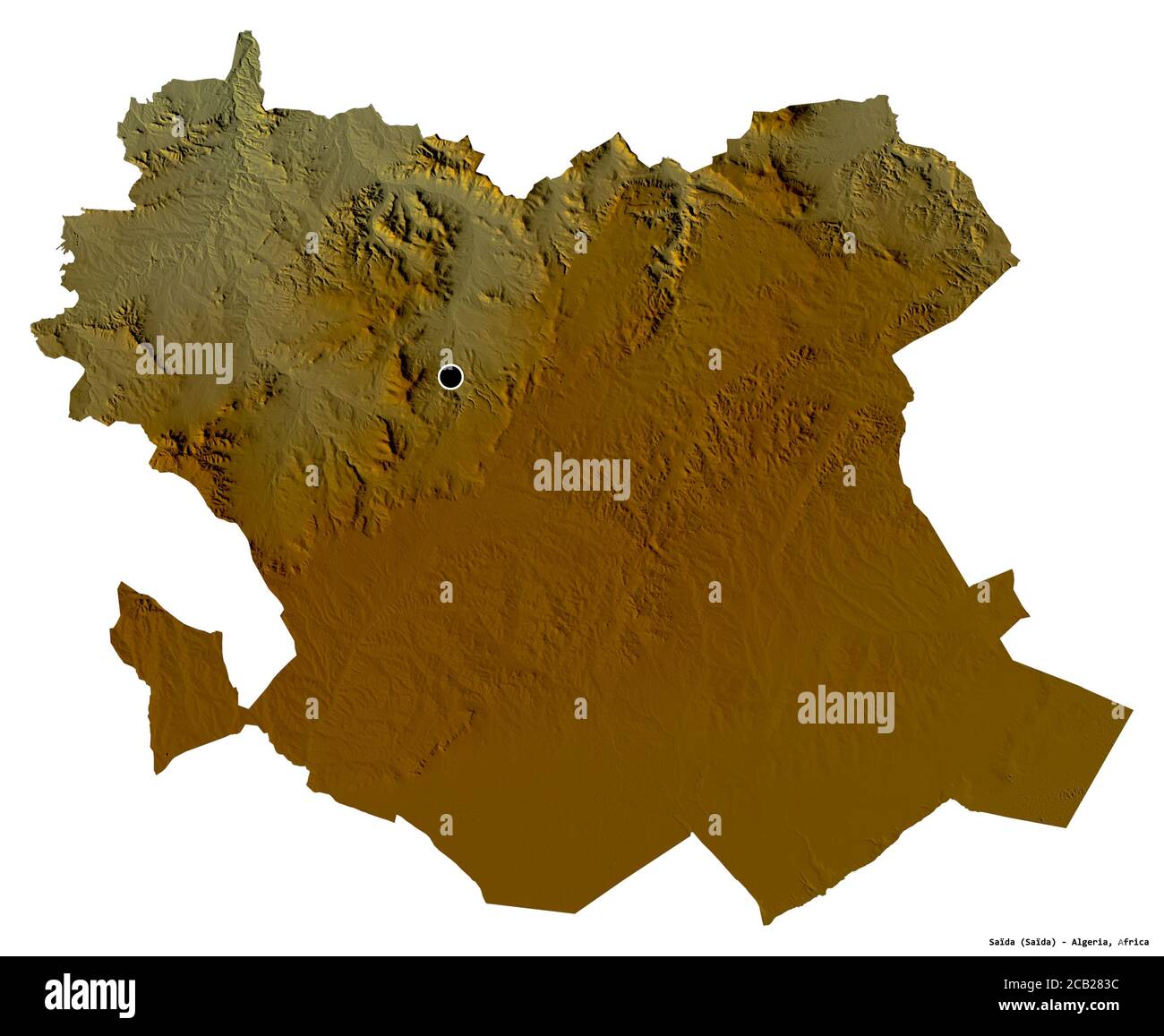 Forme de Saïda, province d'Algérie, avec sa capitale isolée sur fond blanc. Carte topographique de relief. Rendu 3D Banque D'Images