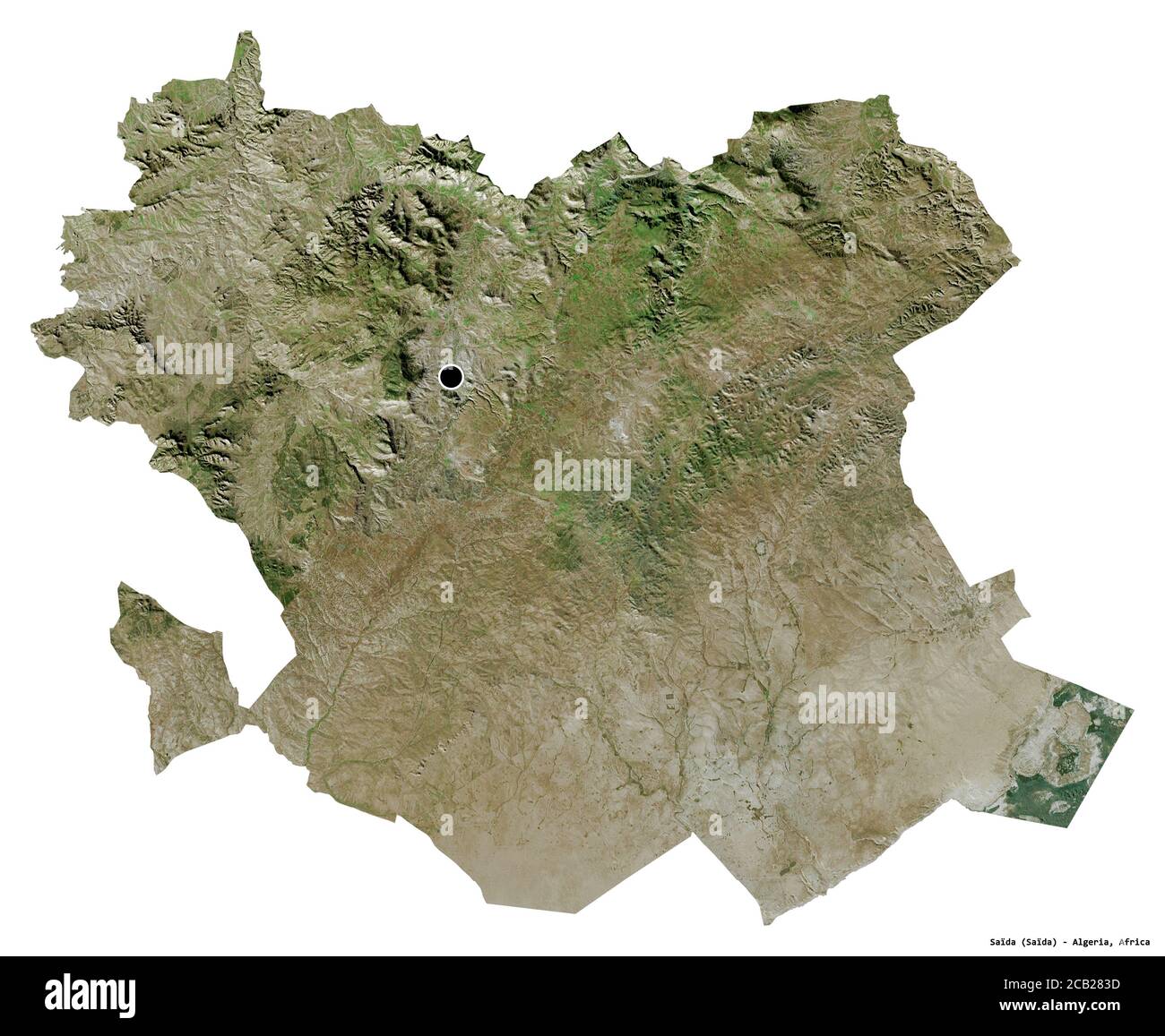 Forme de Saïda, province d'Algérie, avec sa capitale isolée sur fond blanc. Imagerie satellite. Rendu 3D Banque D'Images