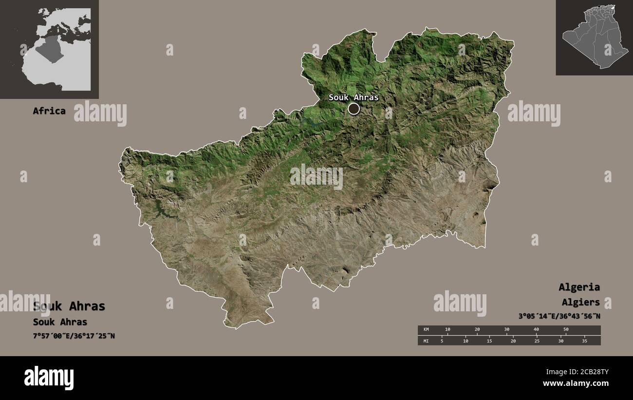 Forme de Souk Ahras, province d'Algérie, et sa capitale. Echelle de distance, aperçus et étiquettes. Imagerie satellite. Rendu 3D Banque D'Images