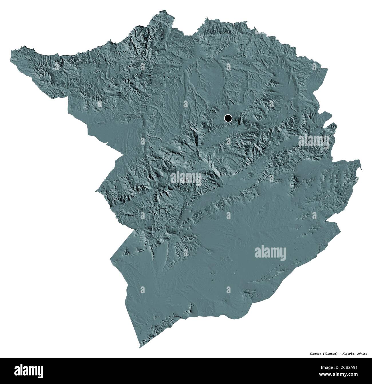 Forme de Tlemcen, province d'Algérie, avec sa capitale isolée sur fond blanc. Carte d'altitude en couleur. Rendu 3D Banque D'Images