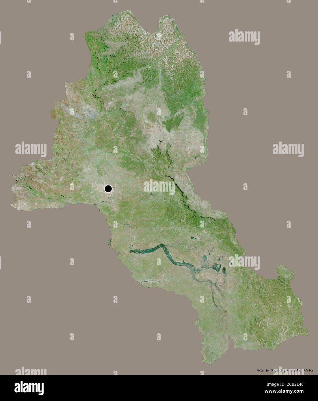 Forme de Malanje, province d'Angola, avec sa capitale isolée sur un fond de couleur unie. Imagerie satellite. Rendu 3D Banque D'Images