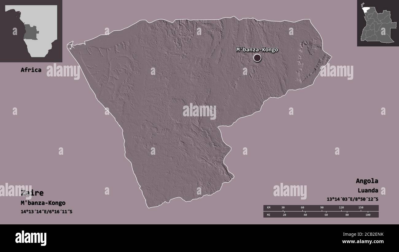 Forme du Zaïre, province de l'Angola, et sa capitale. Echelle de distance, aperçus et étiquettes. Carte d'altitude en couleur. Rendu 3D Banque D'Images