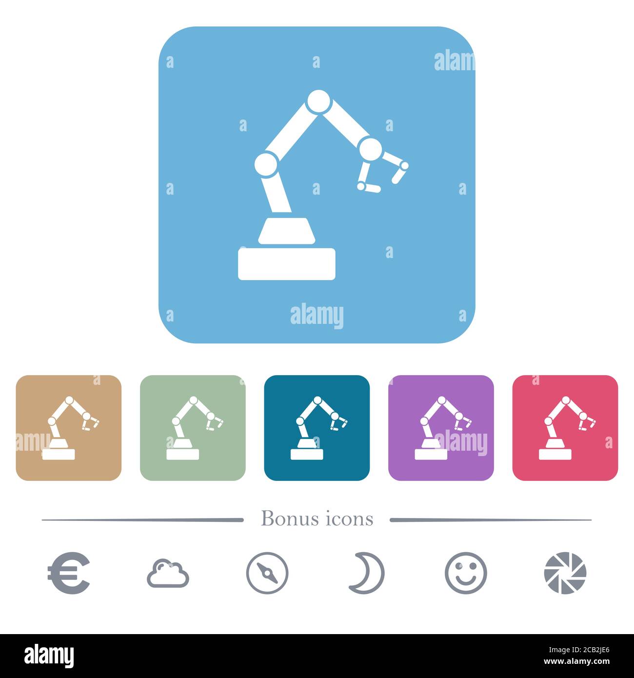 Icônes plates blanches du bras du robot sur des arrière-plans carrés de couleur arrondie. 6 icônes bonus incluses Illustration de Vecteur