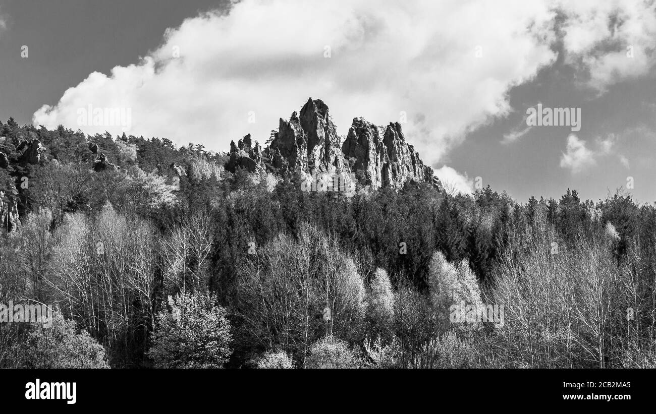 Crête monumentale en grès de Suche Skaly, alias Dry Rocks, près de Mala Skala dans le Paradis de Bohême, République tchèque. Image en noir et blanc. Banque D'Images