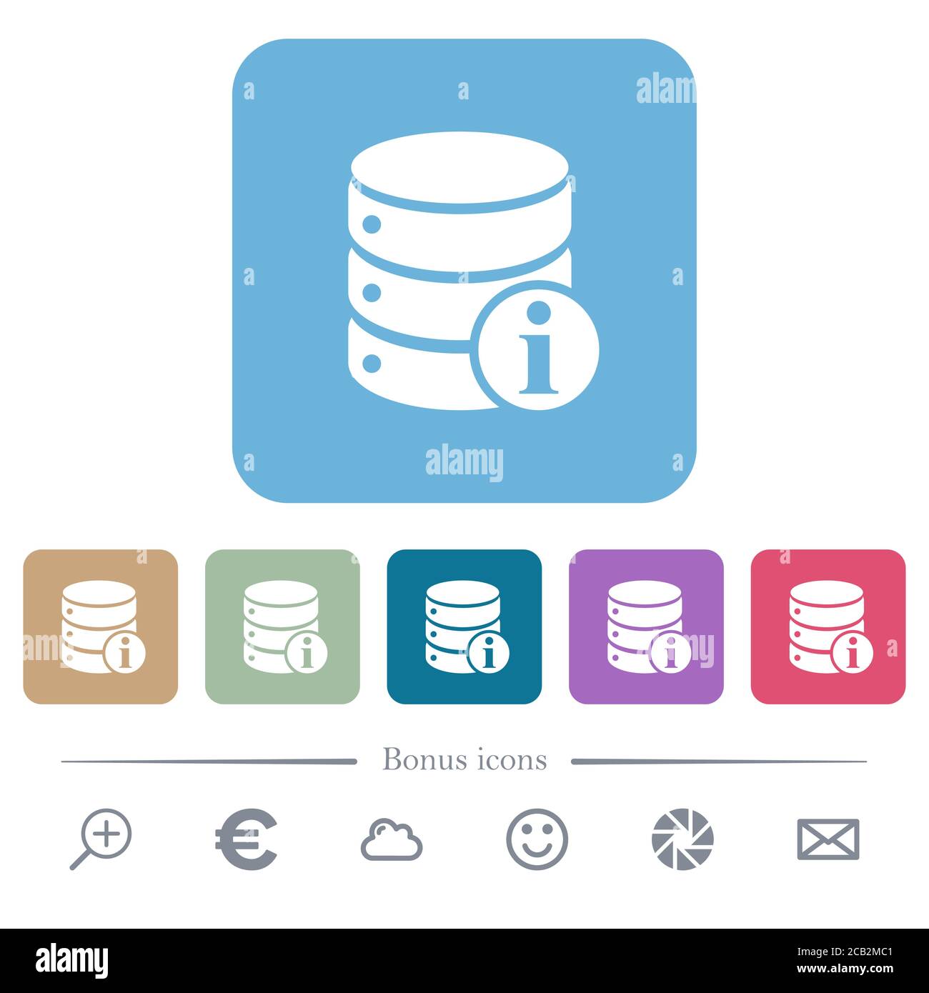 Informations sur la base de données icônes plates blanches sur fond carré arrondi de couleur. 6 icônes bonus incluses Illustration de Vecteur