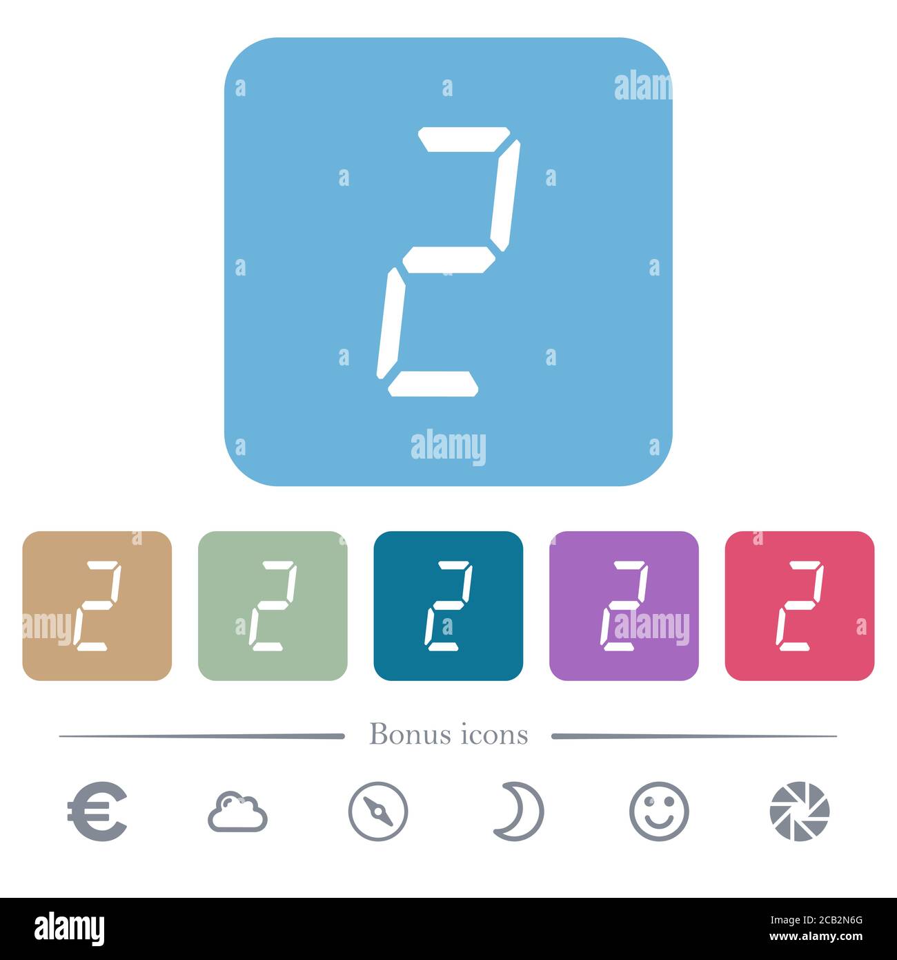 numéro numérique deux des icônes plates blanches de type sept segments sur arrière-plans carrés de couleur arrondie. 6 icônes bonus incluses Illustration de Vecteur