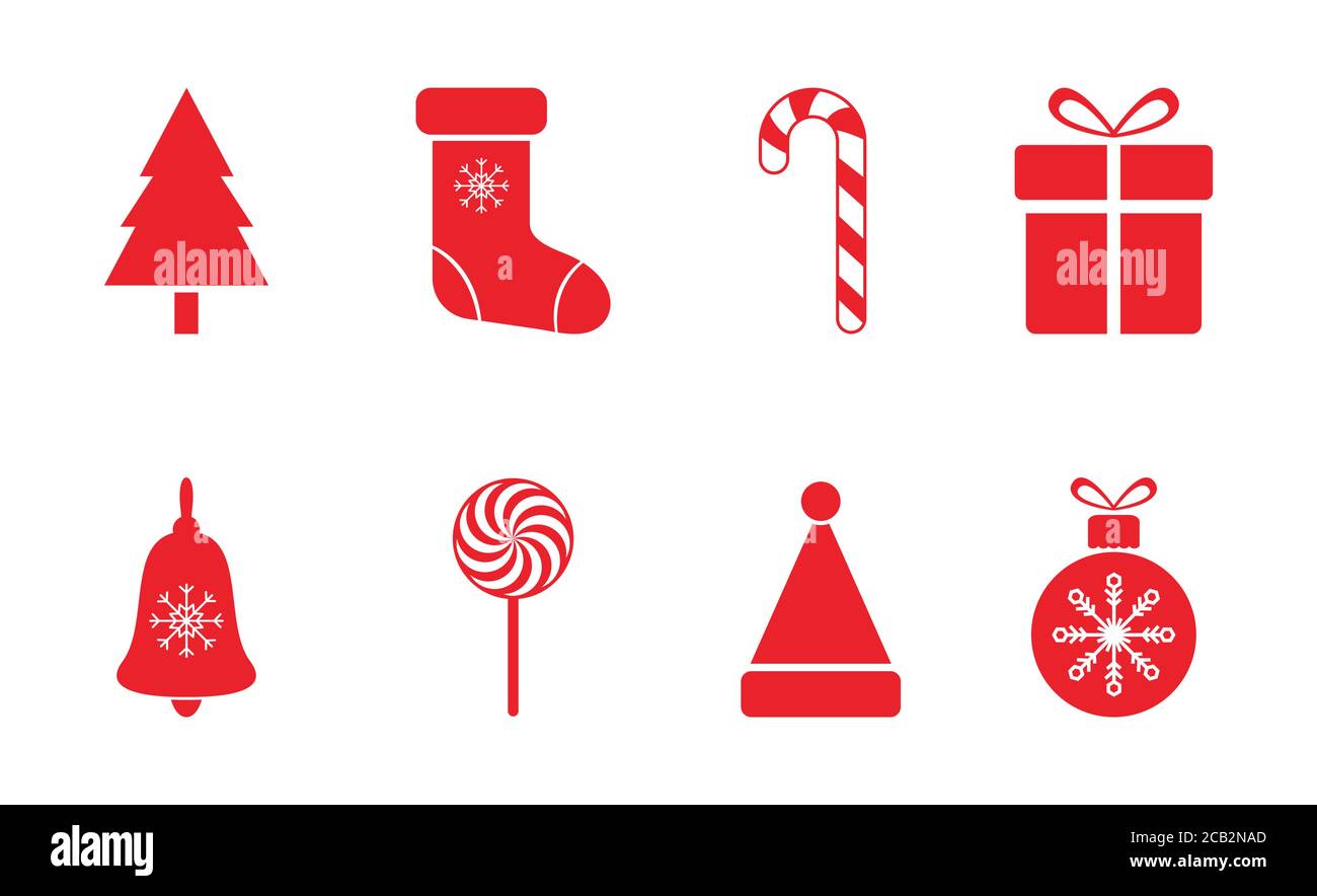 Ensemble d'icônes rouges de Noël. Éléments de décoration de Noël joyeux avec flocons de neige, chapeau de père noël, arbre de noël, boules, chaussettes, boîte cadeau, canne à sucre, cloche. Nouveau y Illustration de Vecteur
