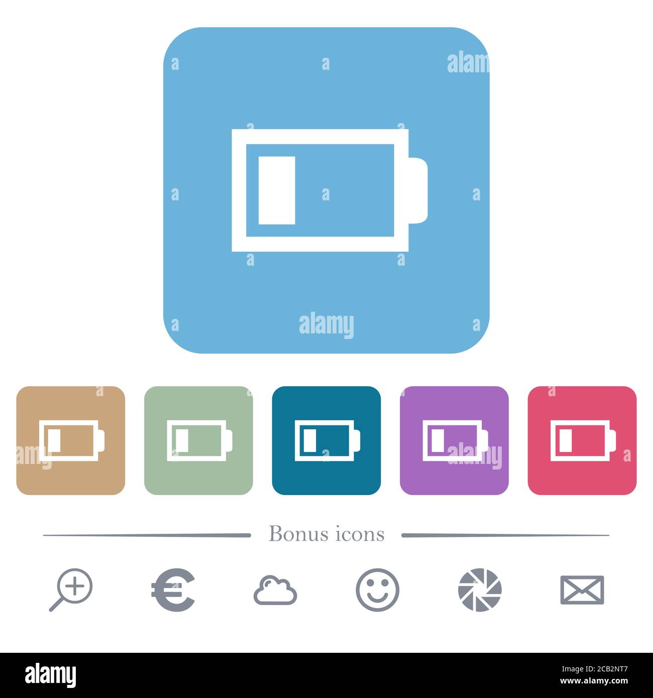 Batterie faible avec une unité de charge icônes plates blanches sur fond carré arrondi couleur. 6 icônes bonus incluses Illustration de Vecteur