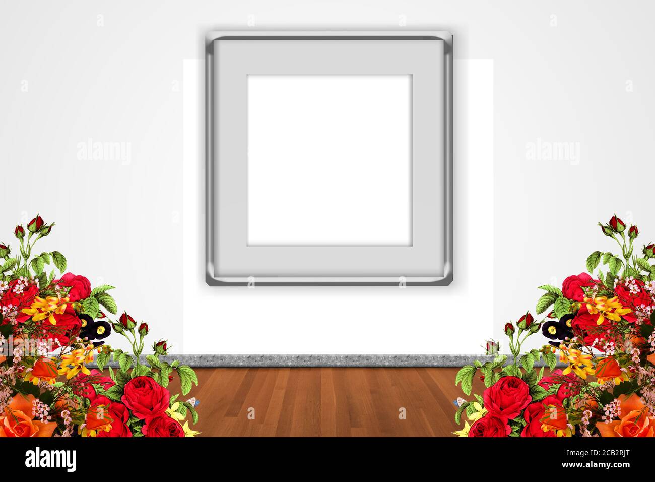 cadre décoratif image sur mur blanc dégradé + décorations de fleurs, cadre d'image sur la pièce avec plancher de bois, fleur et ensemble pour la maquette de photo Banque D'Images