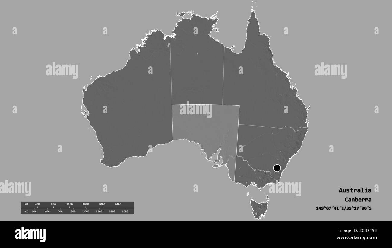 Forme désaturée de l'Australie avec sa capitale, sa principale division régionale et la région séparée de l'Australie méridionale. Étiquettes. Carte d'élévation à deux niveaux. Rend 3D Banque D'Images