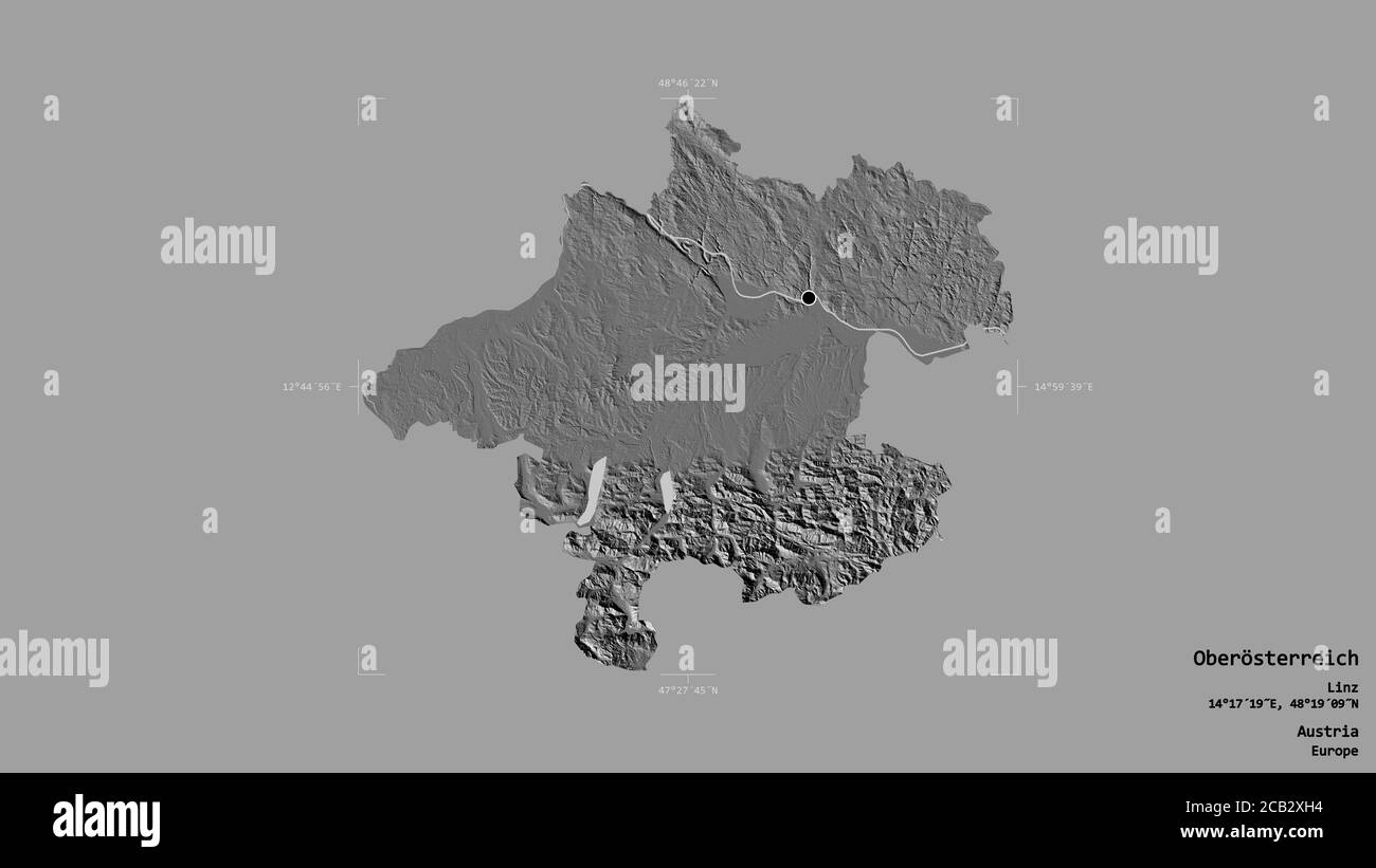 Zone d'Oberösterreich, État d'Autriche, isolée sur un fond solide dans une boîte englobante géoréférencée. Étiquettes. Carte d'élévation à deux niveaux. Rendu 3D Banque D'Images