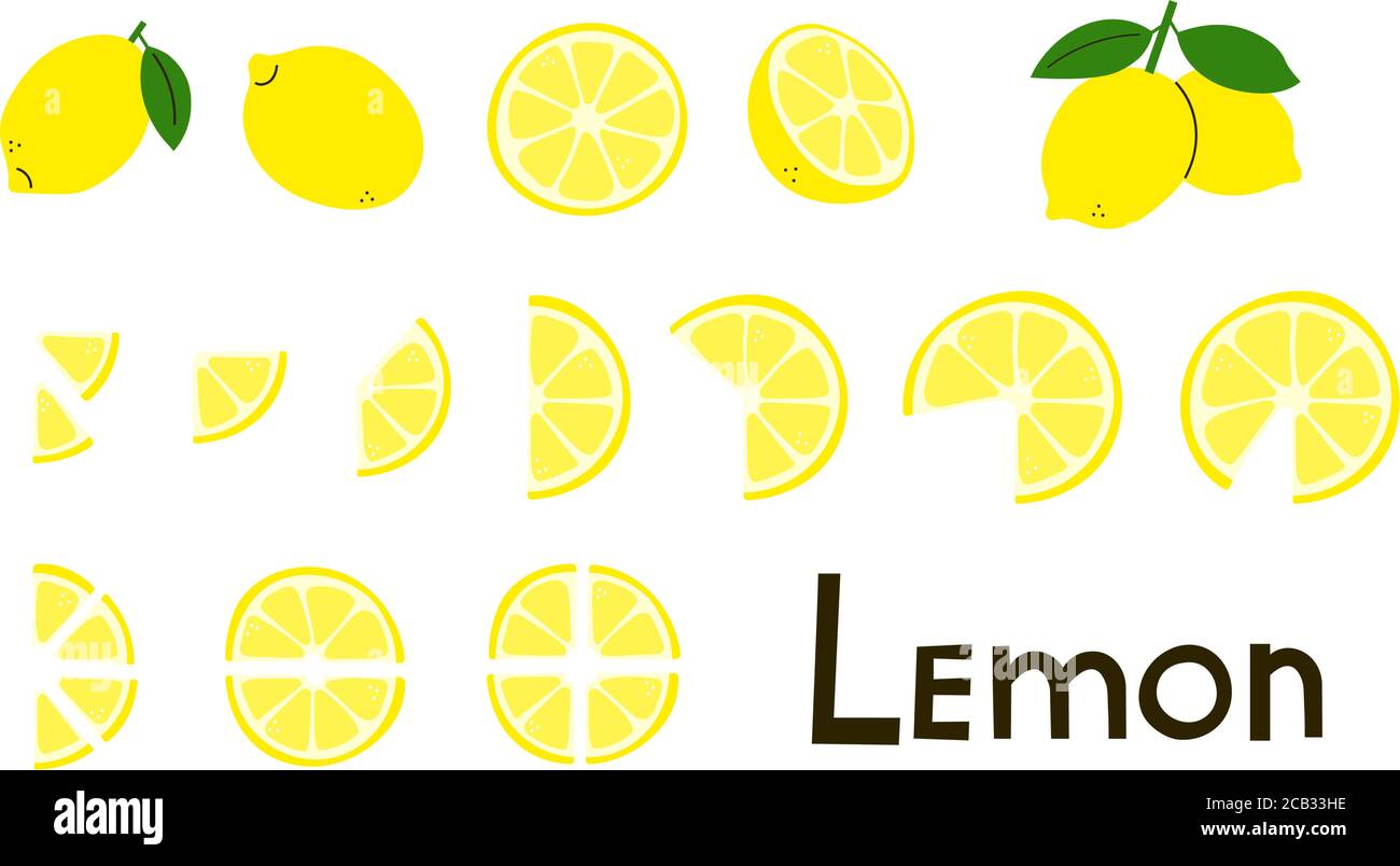 Agrumes. Citrons. Citron entier et coupé, moitié et tranches. Vitamine C. ensemble d'éléments vectoriels modernes positifs de couleur jaune et verte isolés sur Illustration de Vecteur