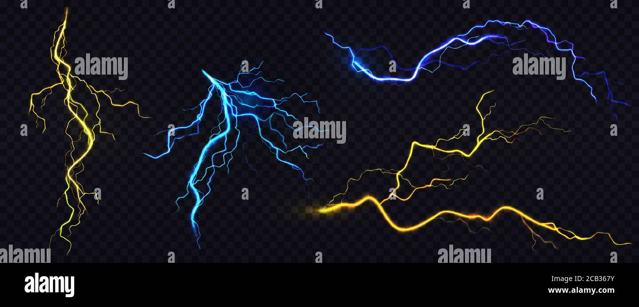 Éclairs, coup d'éclair pendant l'orage la nuit. Vecteur ensemble réaliste d'impact électrique bleu et jaune, décharge d'orage isolée sur fond transparent foncé Illustration de Vecteur