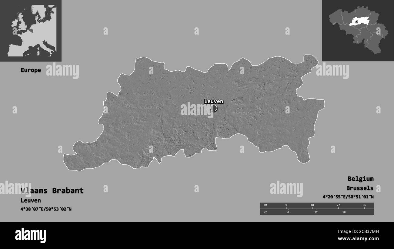 Forme de Vlaams Brabant, province de Belgique, et sa capitale. Echelle de distance, aperçus et étiquettes. Carte d'élévation à deux niveaux. Rendu 3D Banque D'Images