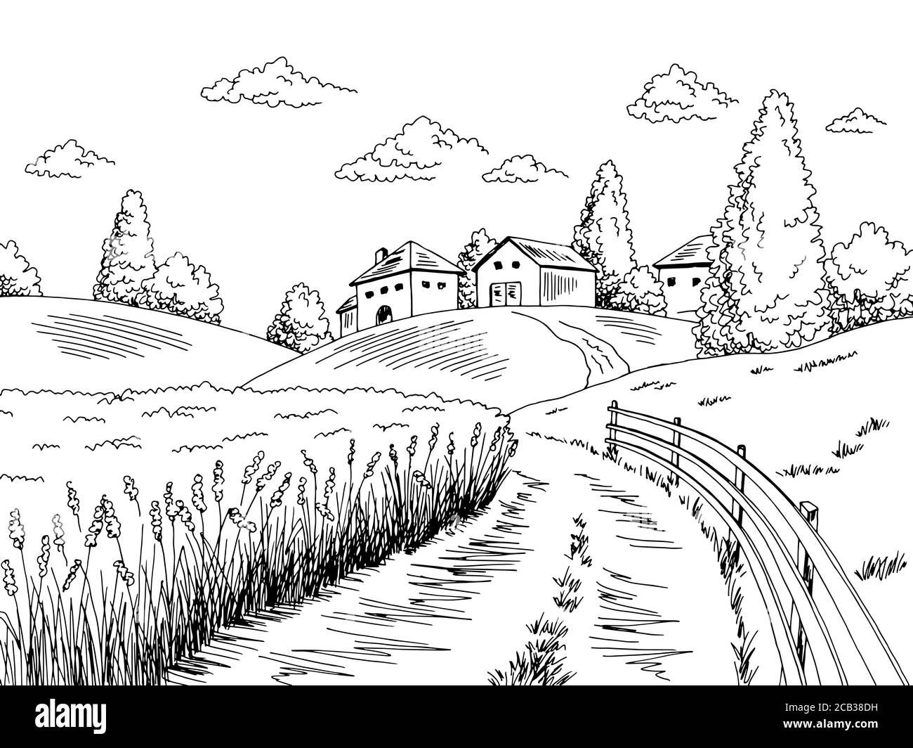 Route rurale graphique village noir blanc paysage esquisse illustration vecteur Illustration de Vecteur