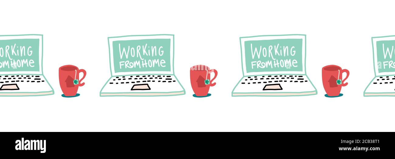 Travail à partir de l'illustration maison bordure vectorielle transparente. Restez à la maison, coronavirus dessiné à la main avec un ordinateur portable et une tasse à thé. Illustration de Vecteur