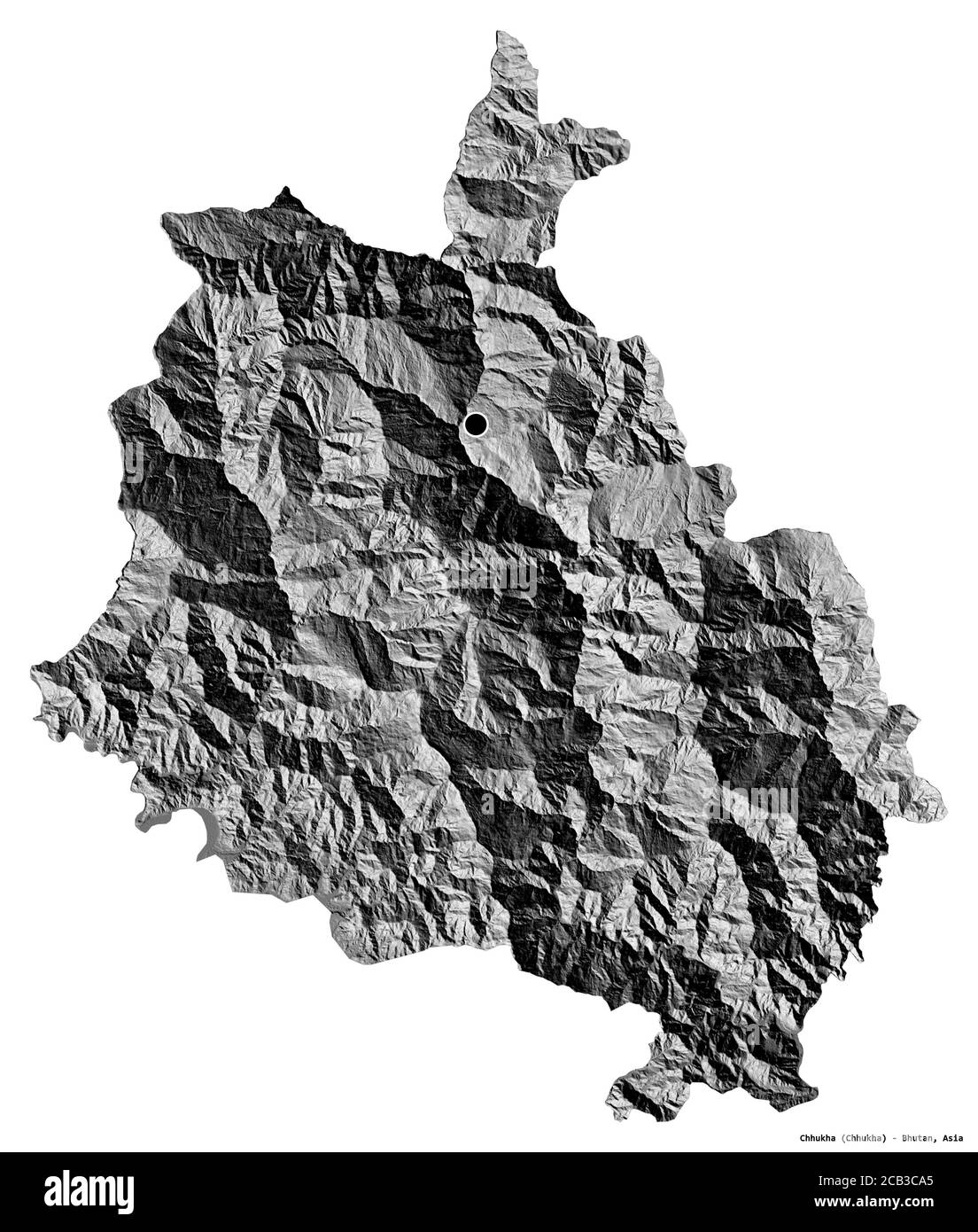 Forme de Chhukha, district du Bhoutan, avec sa capitale isolée sur fond blanc. Carte d'élévation à deux niveaux. Rendu 3D Banque D'Images