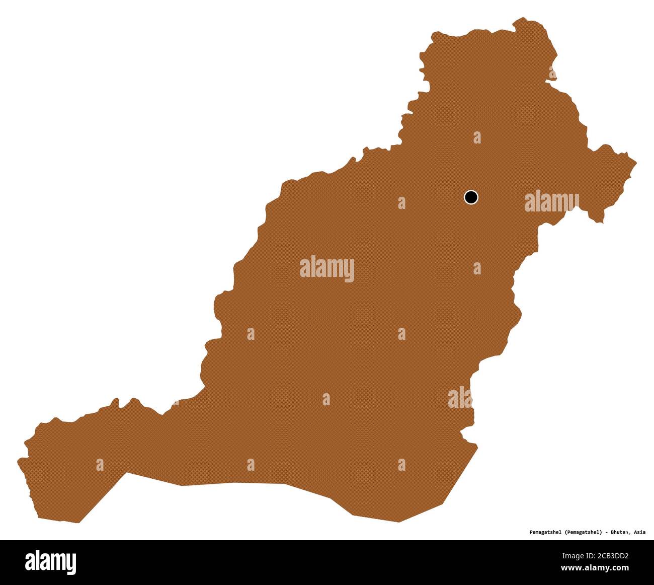 Forme de Pemagatshel, district du Bhoutan, avec sa capitale isolée sur fond blanc. Composition des textures répétées. Rendu 3D Banque D'Images