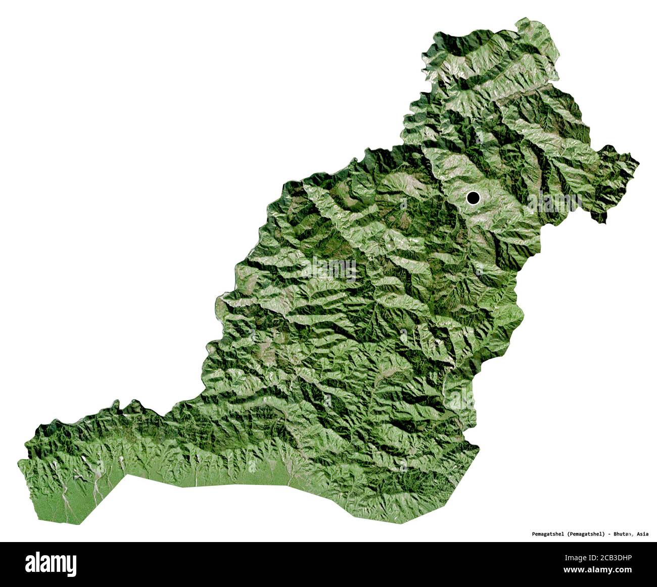 Forme de Pemagatshel, district du Bhoutan, avec sa capitale isolée sur fond blanc. Imagerie satellite. Rendu 3D Banque D'Images