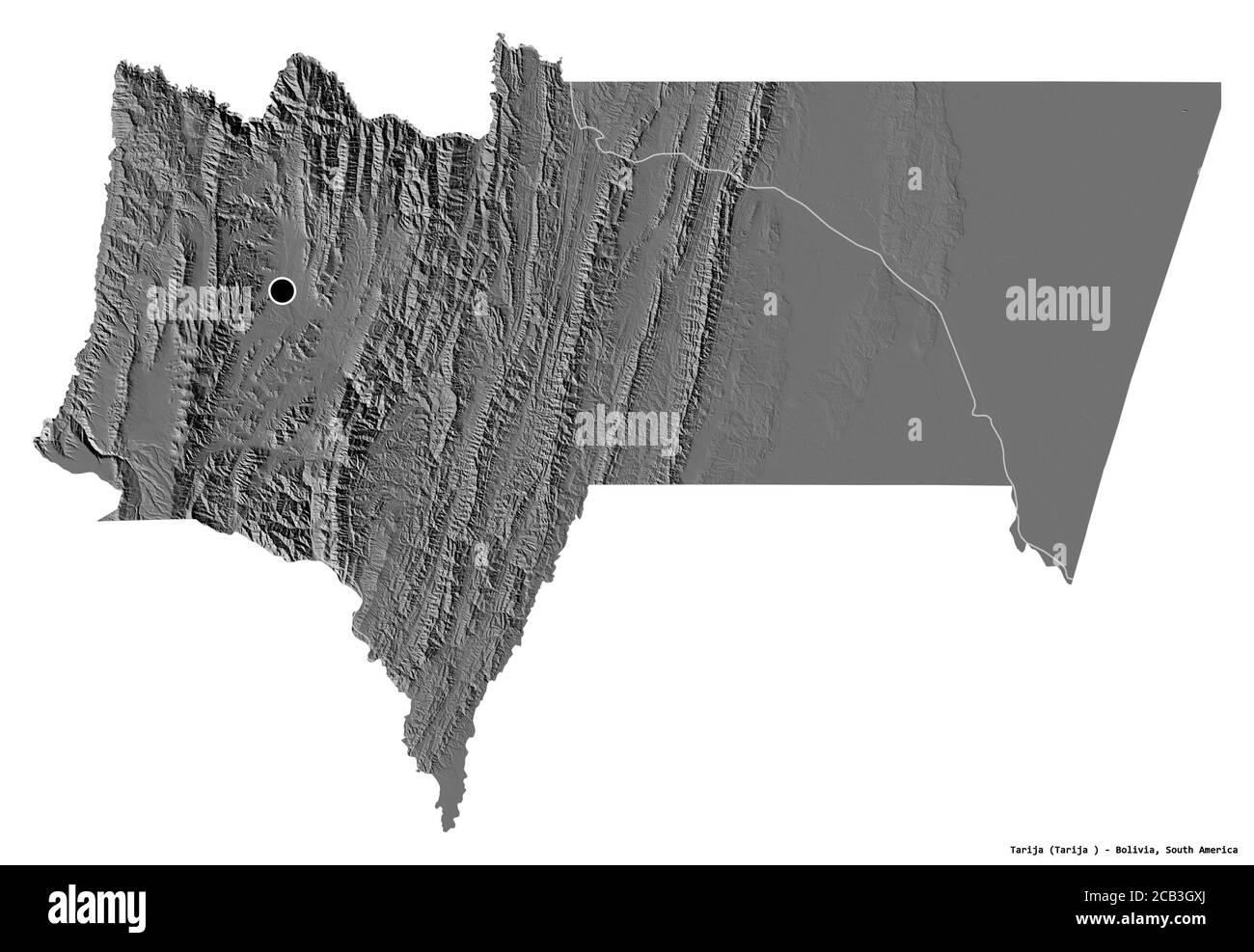 Forme de Tarija, département de Bolivie, avec sa capitale isolée sur fond blanc. Carte d'élévation à deux niveaux. Rendu 3D Banque D'Images