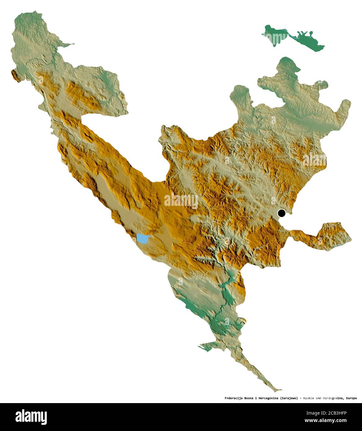 Forme de Federacija Bosna i Hercegovina, entité de Bosnie-Herzégovine, avec sa capitale isolée sur fond blanc. Carte topographique de relief. 3D r Banque D'Images