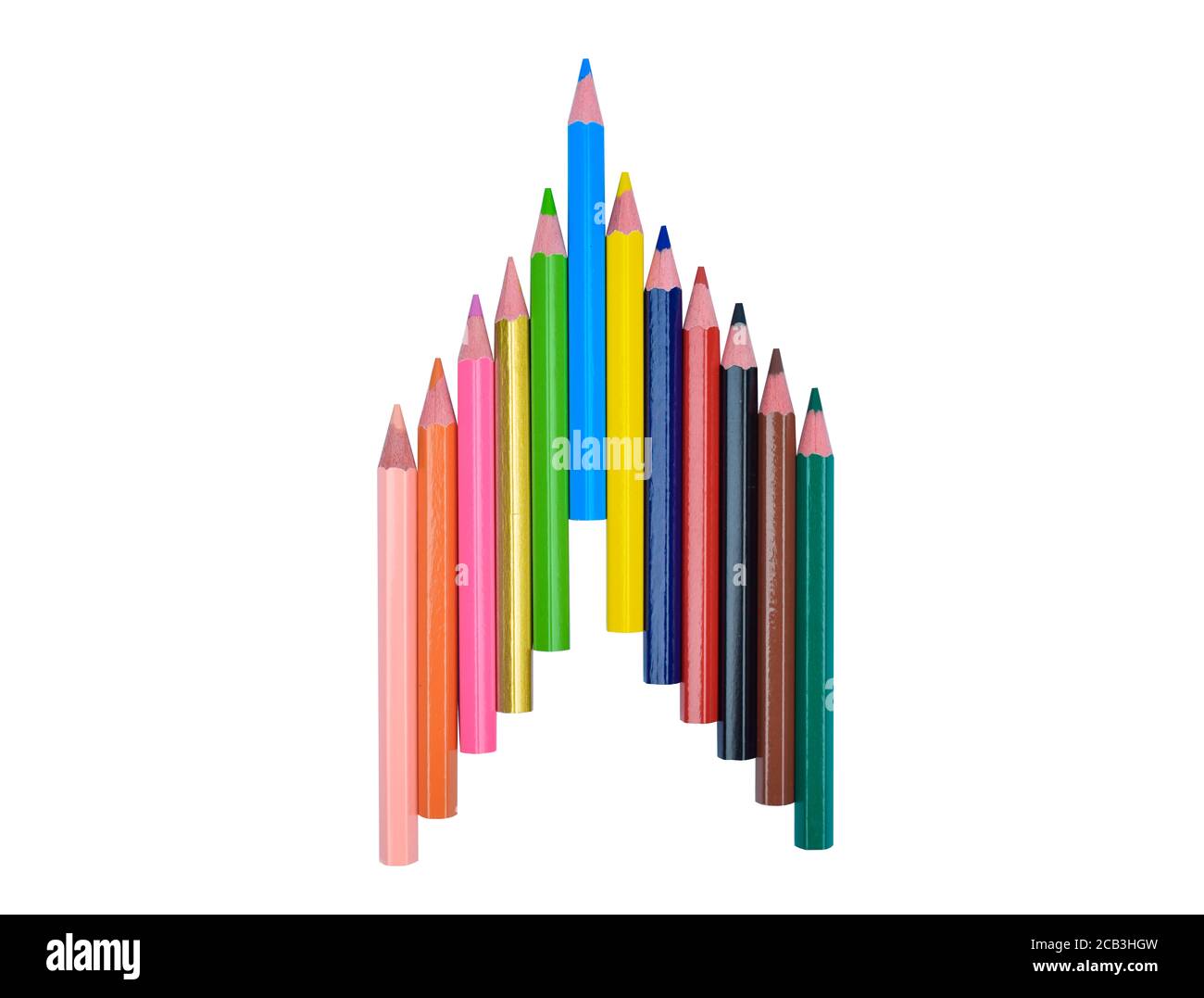 Magnifique motif de flèches avec différents crayons de bois sur fond de papier blanc Banque D'Images
