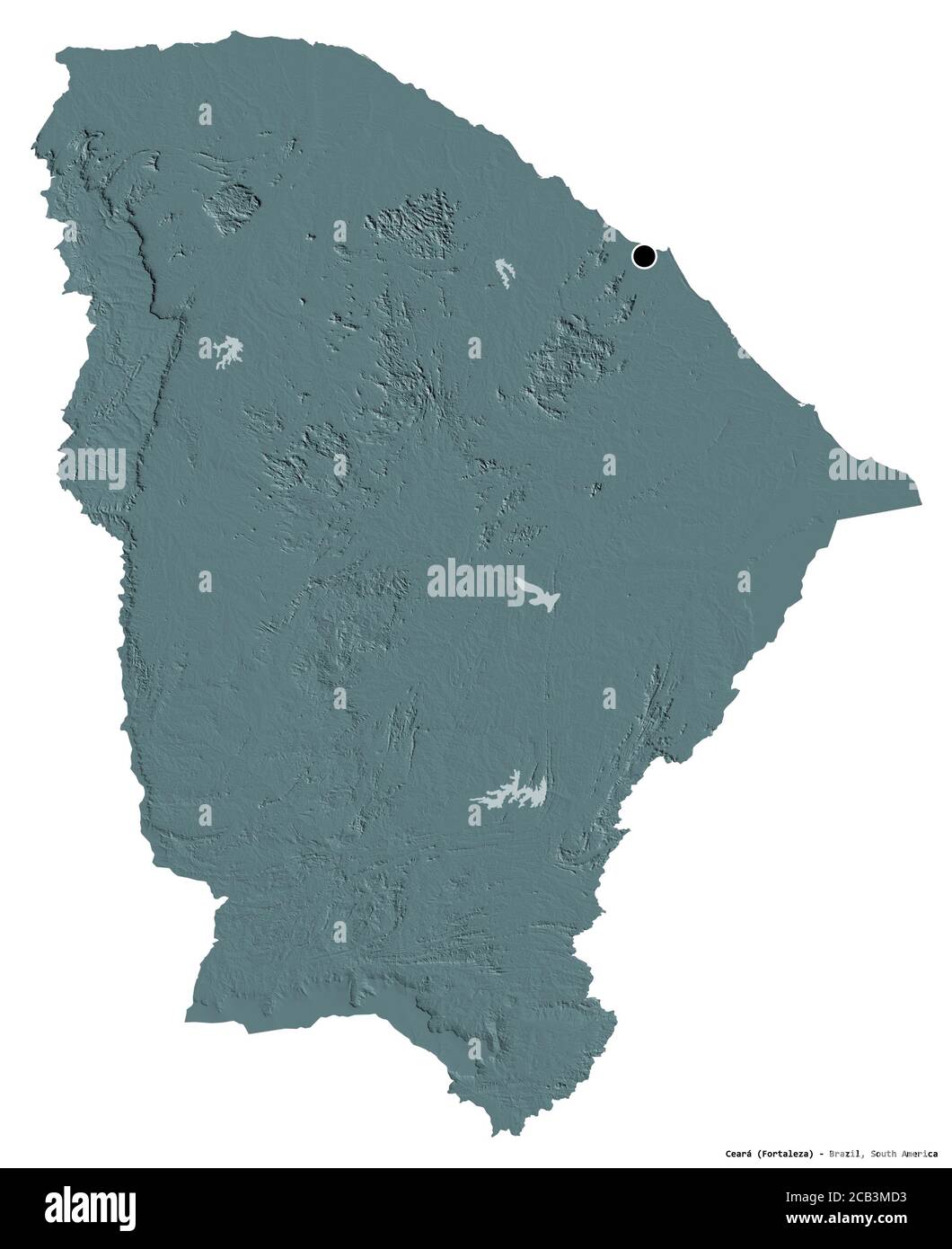 Forme de Ceará, état du Brésil, avec sa capitale isolée sur fond blanc. Carte d'altitude en couleur. Rendu 3D Banque D'Images