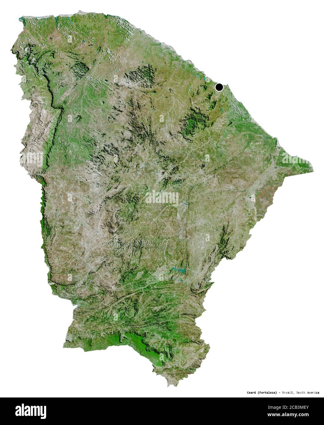Forme de Ceará, état du Brésil, avec sa capitale isolée sur fond blanc. Imagerie satellite. Rendu 3D Banque D'Images