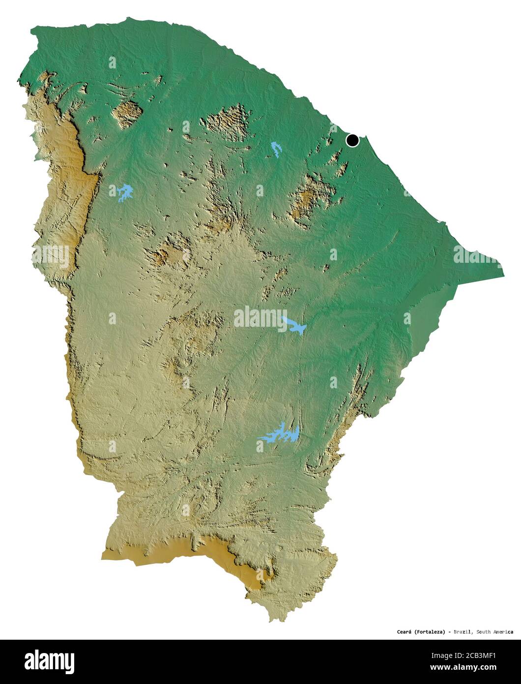 Forme de Ceará, état du Brésil, avec sa capitale isolée sur fond blanc. Carte topographique de relief. Rendu 3D Banque D'Images