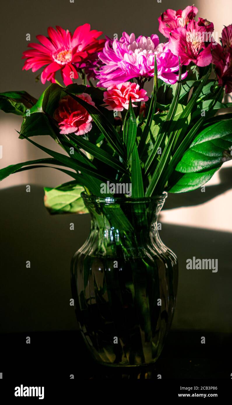 Bouquet de fleurs dans un vase en verre dans un coin dans une bande de lumière et d'ombre Banque D'Images