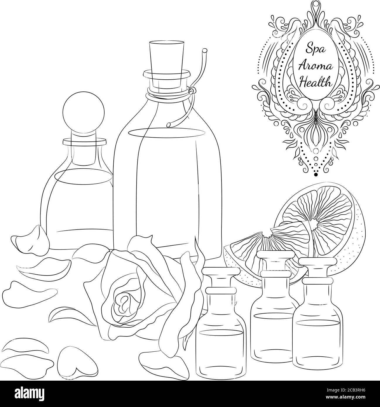 Illustration vectorielle avec huiles et huiles aromatiques pour le massage au spa. Dessin au trait isolé sur fond blanc. Design pour un spa, salon de beauté et de massage, produits de santé bio Illustration de Vecteur