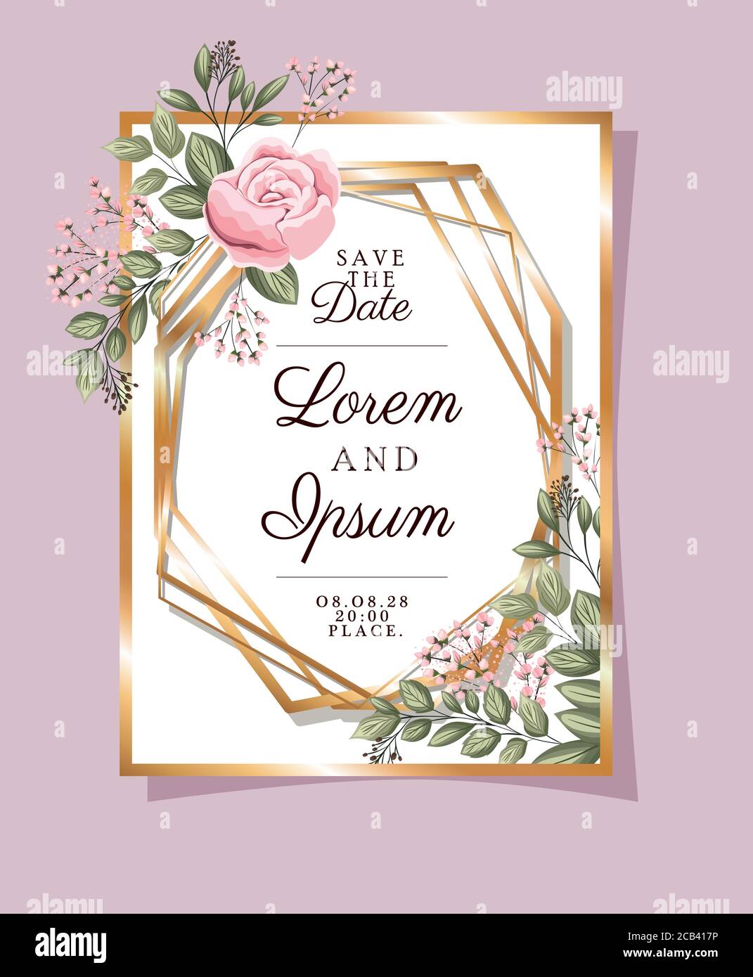 Enregistrez le texte de la date dans un cadre doré avec motif fleurs et  feuilles roses, invitation de mariage et illustration vectorielle du thème  d'engagement Image Vectorielle Stock - Alamy