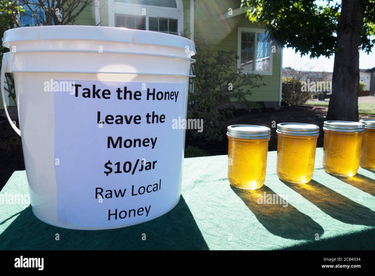 Un kiosque à miel libre-service dans un quartier résidentiel d'Eugene, Oregon, États-Unis. Banque D'Images