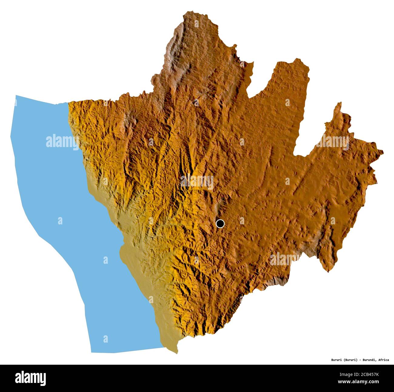 Forme de Bururi, province du Burundi, avec sa capitale isolée sur fond blanc. Carte topographique de relief. Rendu 3D Banque D'Images