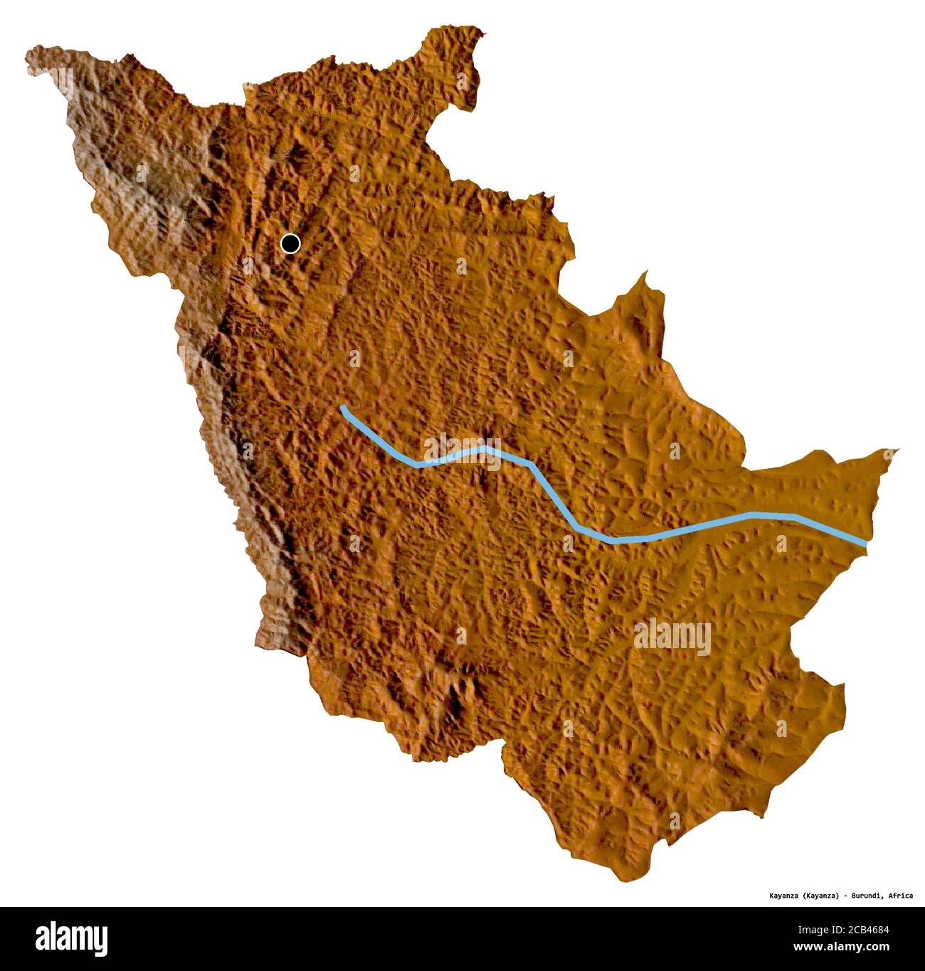 Forme de Kayanza, province du Burundi, avec sa capitale isolée sur fond blanc. Carte topographique de relief. Rendu 3D Banque D'Images