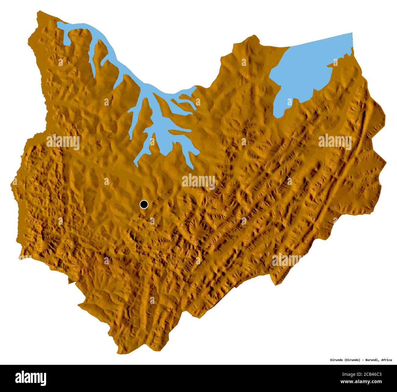 Forme de Kirundo, province du Burundi, avec sa capitale isolée sur fond blanc. Carte topographique de relief. Rendu 3D Banque D'Images