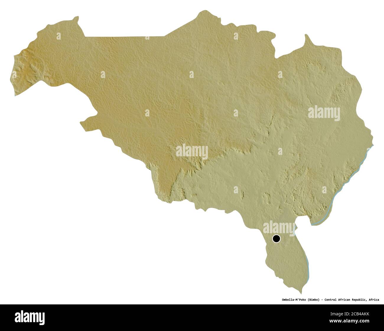 Forme d'Ombella-m'Poko, préfecture de la République centrafricaine, avec sa capitale isolée sur fond blanc. Carte topographique de relief. Rendu 3D Banque D'Images