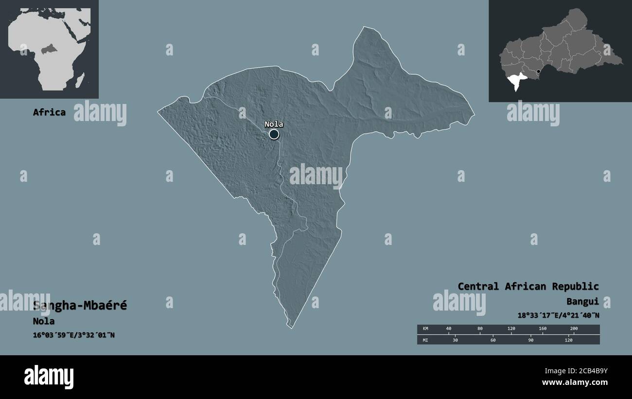 Forme de Sangha-Mbaéré, préfecture économique de la République centrafricaine, et de sa capitale. Echelle de distance, aperçus et étiquettes. Carte d'altitude en couleur. Banque D'Images