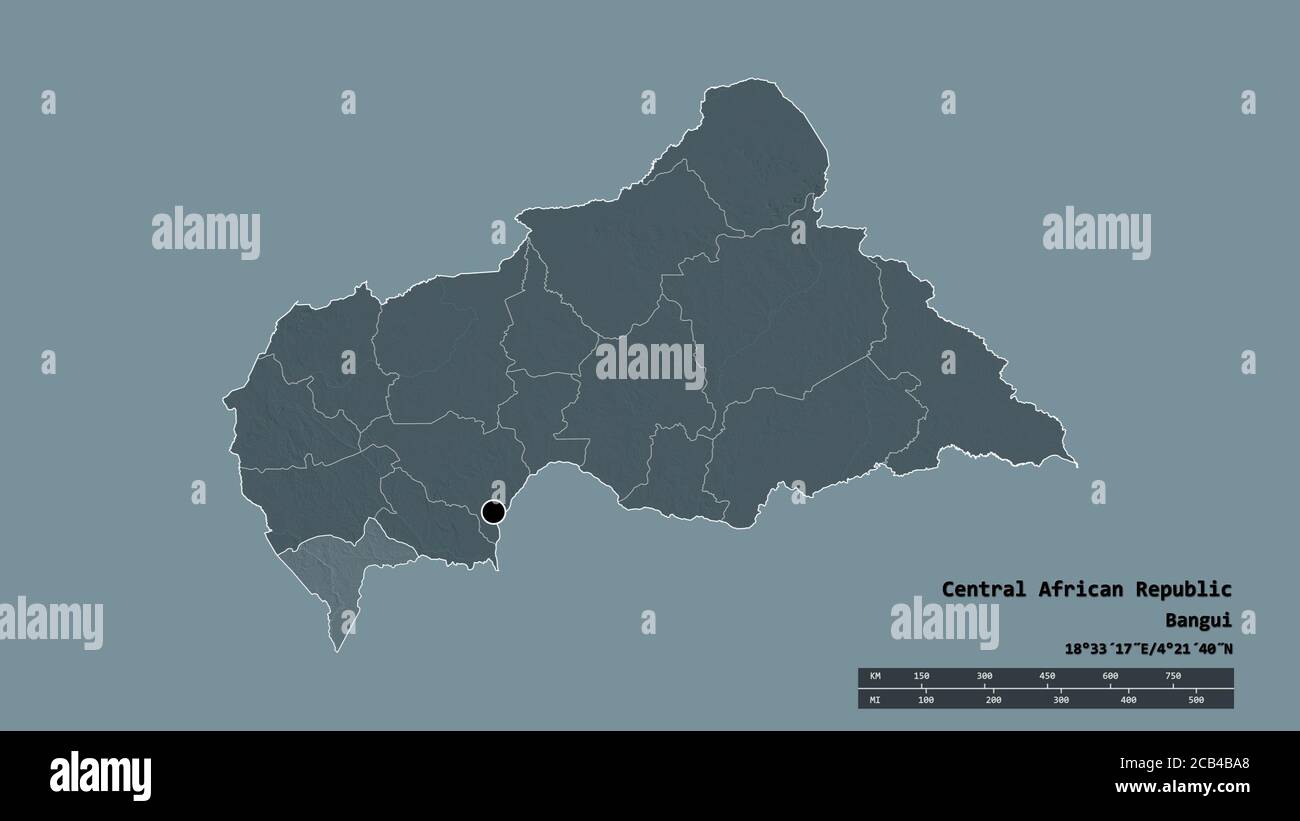 Forme désaturée de la République centrafricaine avec sa capitale, sa principale division régionale et la région séparée de Sangha-Mbaéré. Étiquettes. Élévation de couleur Banque D'Images