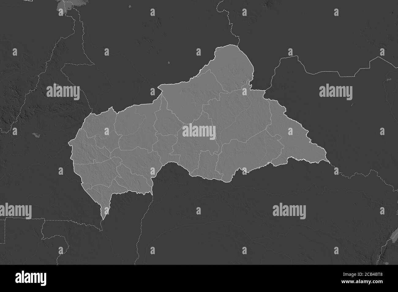 Forme de la République centrafricaine séparée par la désaturation des zones voisines. Bordures. Carte d'élévation à deux niveaux. Rendu 3D Banque D'Images