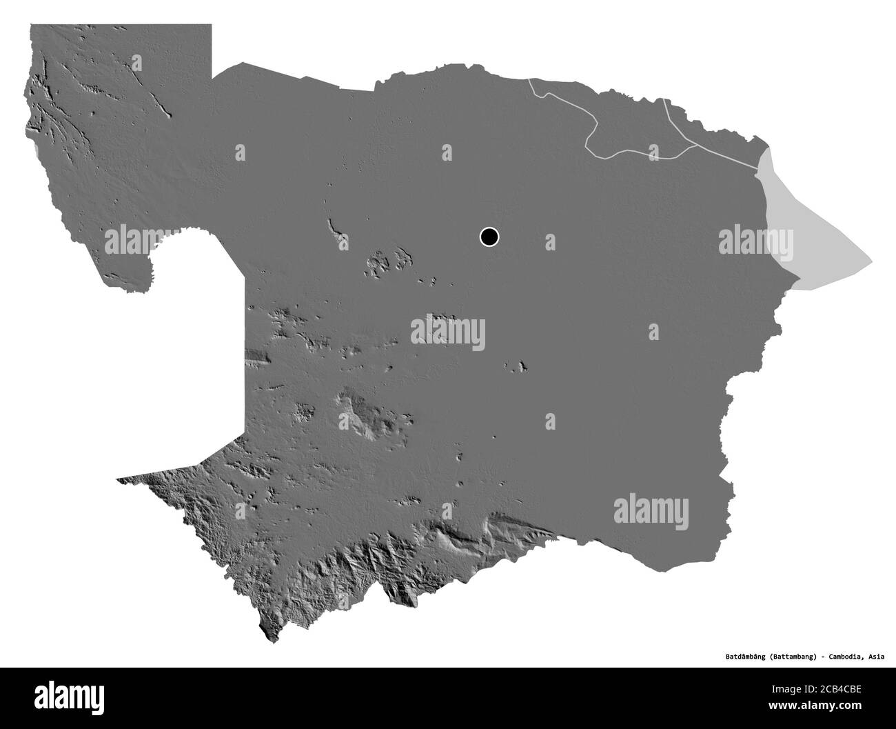 Forme de Batdâmbâng, province du Cambodge, avec sa capitale isolée sur fond blanc. Carte d'élévation à deux niveaux. Rendu 3D Banque D'Images