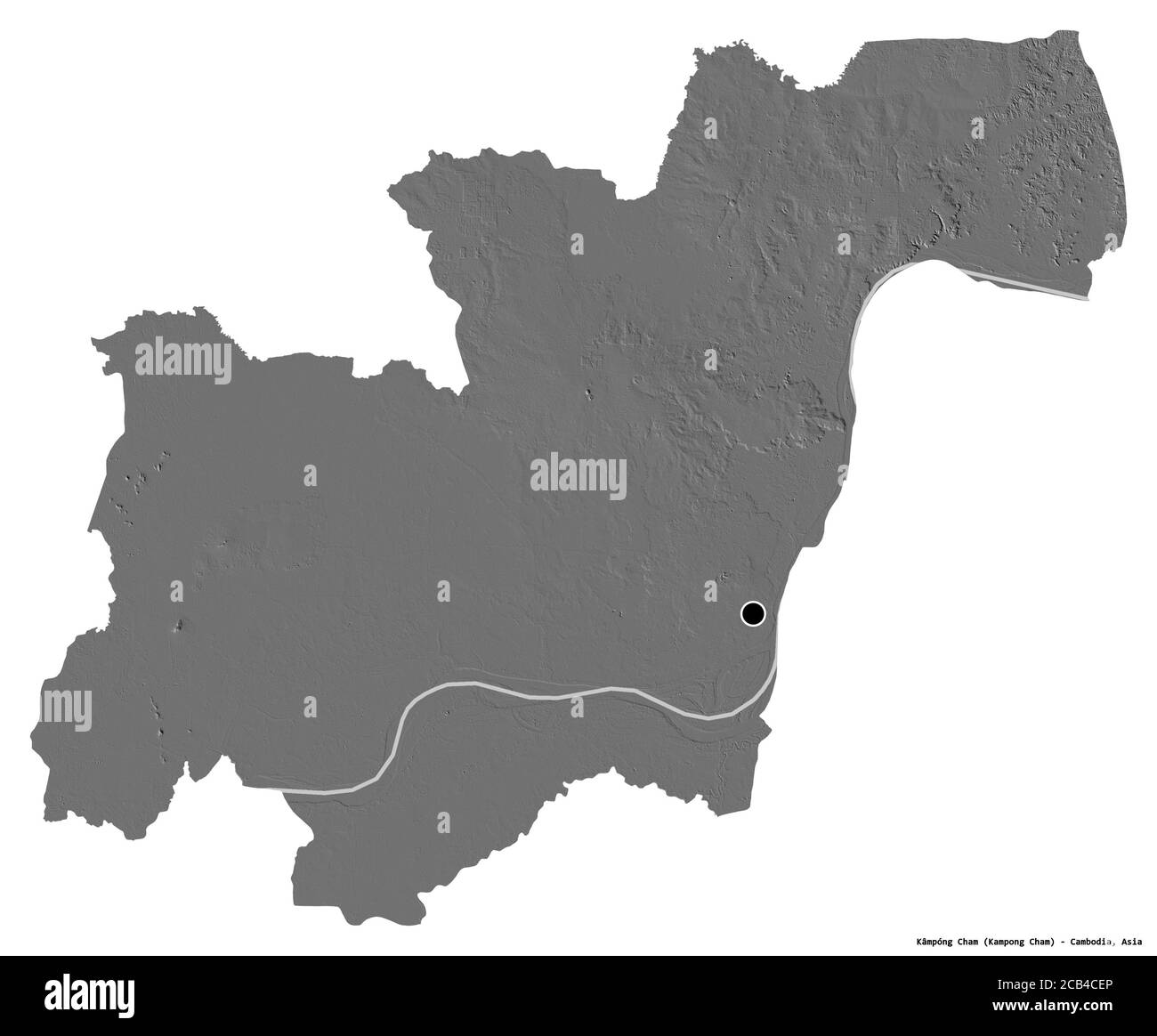 Forme de Kâmpóng Cham, province du Cambodge, avec sa capitale isolée sur fond blanc. Carte d'élévation à deux niveaux. Rendu 3D Banque D'Images