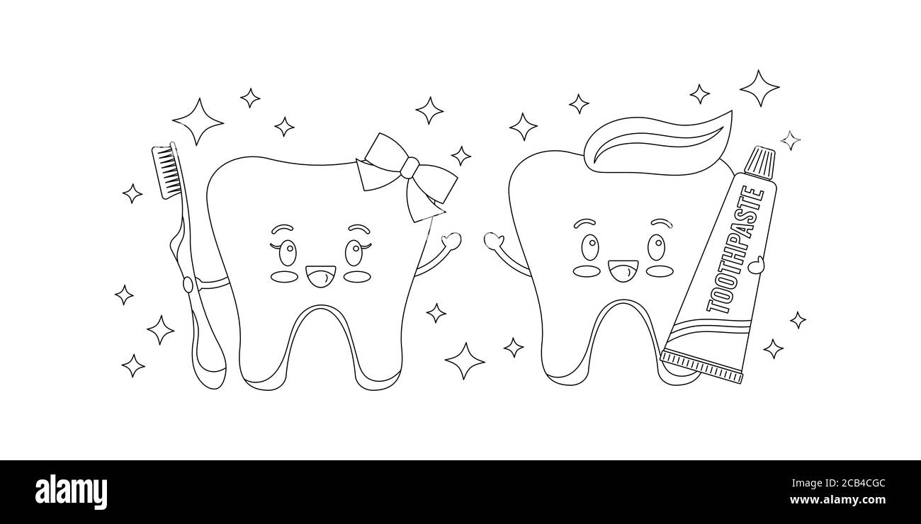 Adorable garçon de dents et fille avec dentifrice et brosse à dents dentiste coloriage page. Illustration de Vecteur