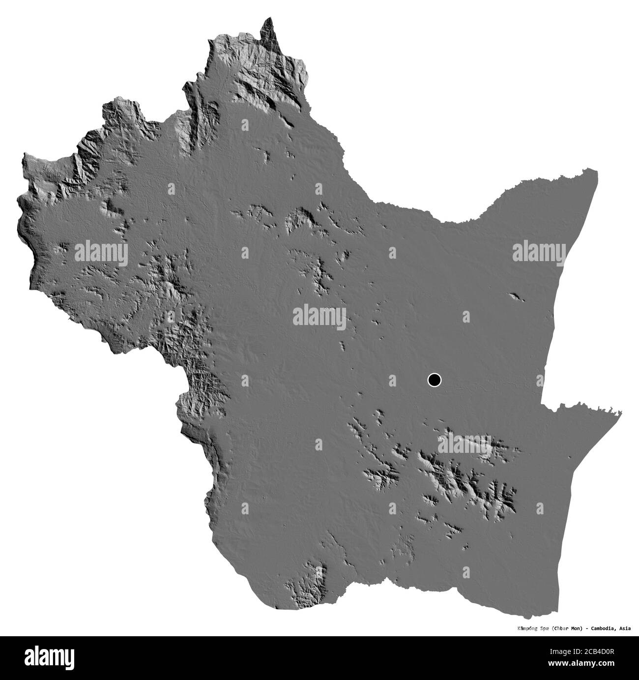 Forme de Kâmpóng Spœ, province du Cambodge, avec sa capitale isolée sur fond blanc. Carte d'élévation à deux niveaux. Rendu 3D Banque D'Images