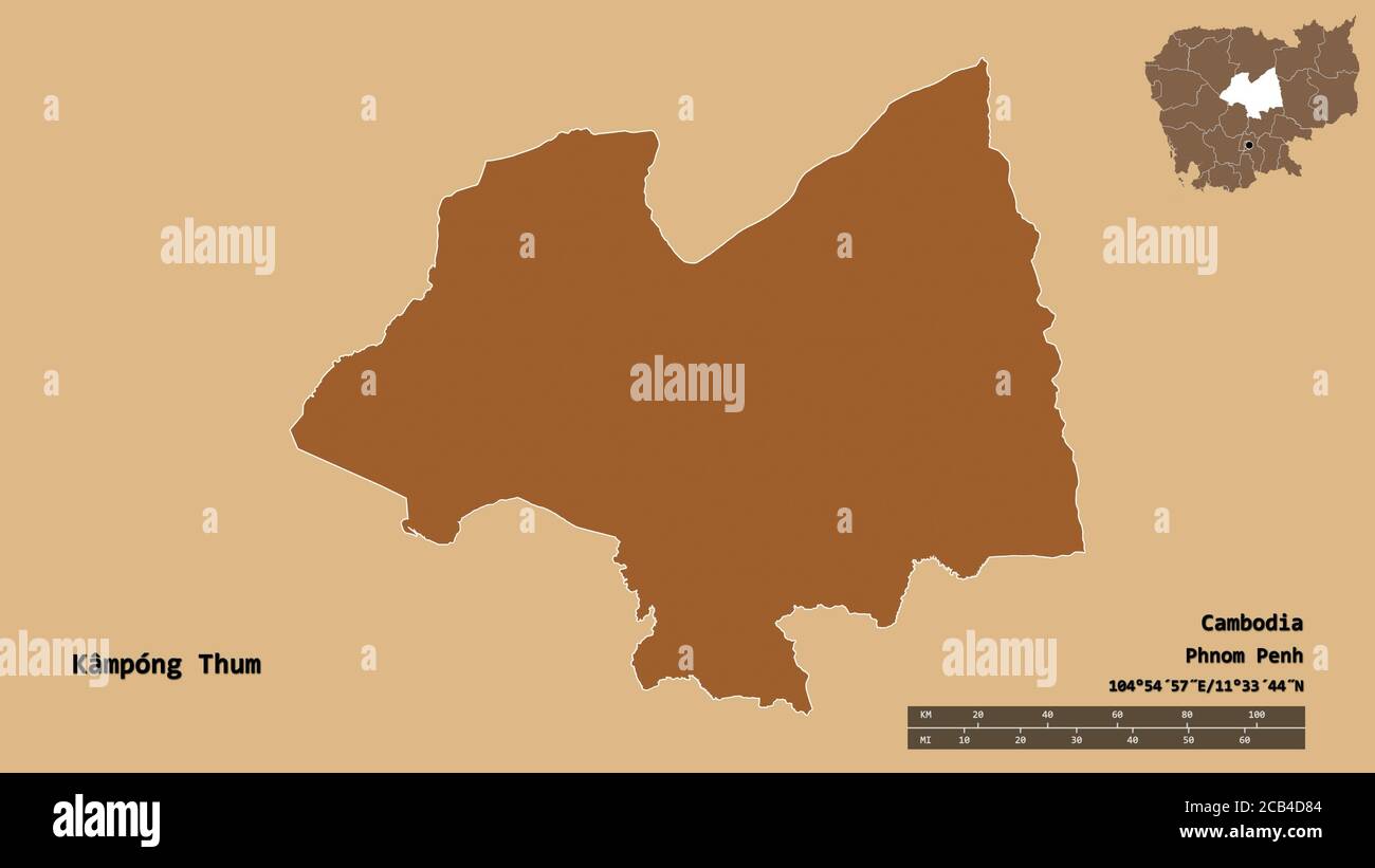 Forme de Kâmpóng Thum, province du Cambodge, avec sa capitale isolée sur fond solide. Échelle de distance, aperçu de la région et libellés. Composition de Banque D'Images