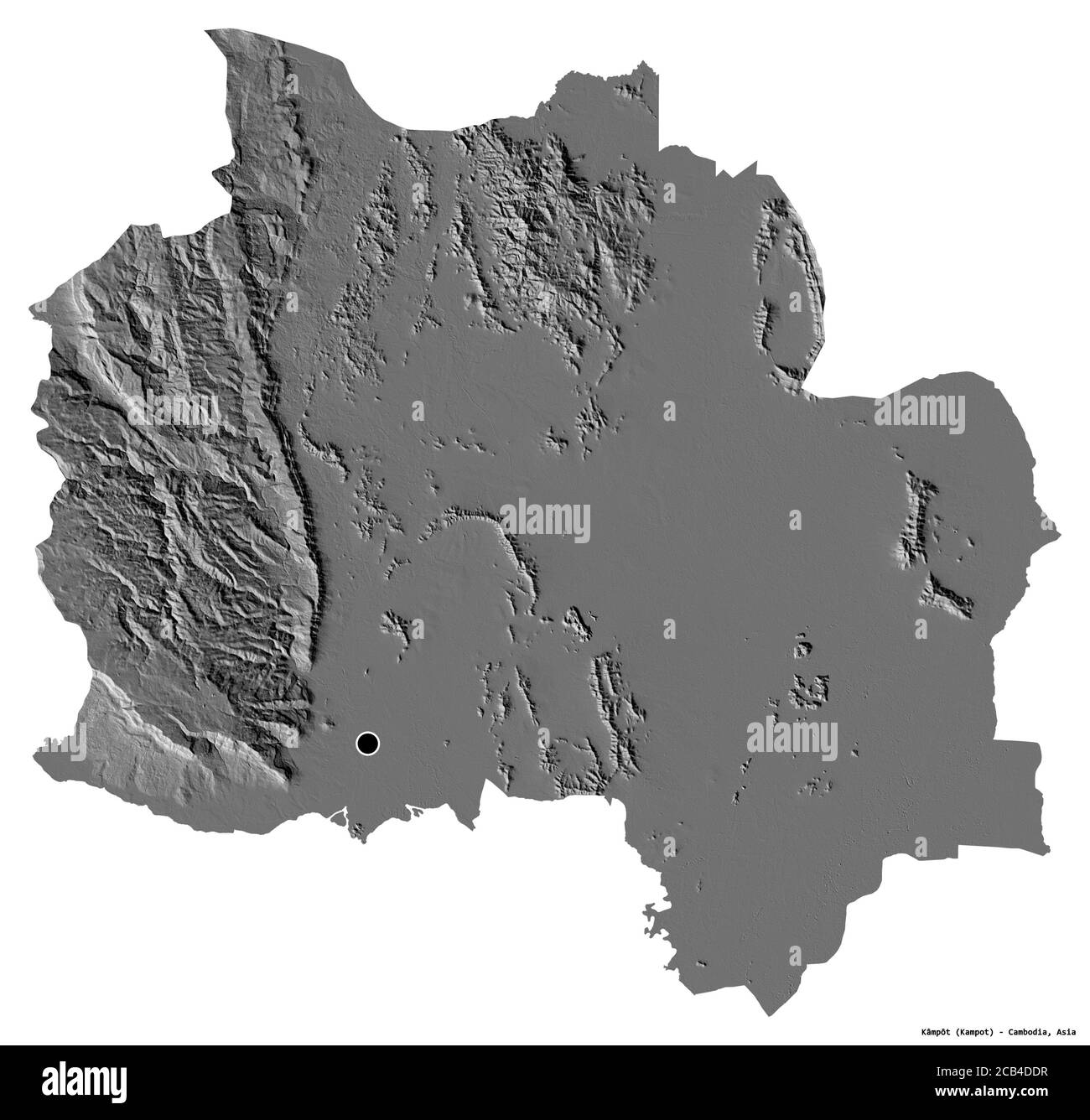 Forme de Kâmpôt, province du Cambodge, avec sa capitale isolée sur fond blanc. Carte d'élévation à deux niveaux. Rendu 3D Banque D'Images