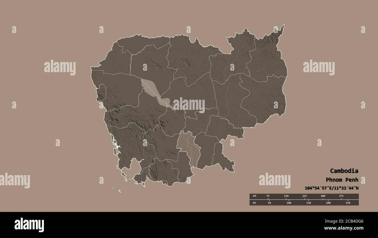 Forme désaturée du Cambodge avec sa capitale, sa principale division régionale et la région séparée de Kândal. Étiquettes. Carte d'altitude en couleur. Rendu 3D Banque D'Images Forme désaturée du Cambodge avec sa capitale, sa principale division régionale et la région séparée de Kândal. Étiquettes. Carte d'altitude en couleur. Rendu 3D Banque D'Images