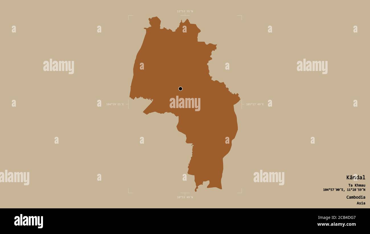 Zone de Kândal, province du Cambodge, isolée sur fond solide dans une boîte englobante géoréférencée. Étiquettes. Composition des textures répétées. Réf. 3D Banque D'Images Zone de Kândal, province du Cambodge, isolée sur fond solide dans une boîte englobante géoréférencée. Étiquettes. Composition des textures répétées. Réf. 3D Banque D'Images