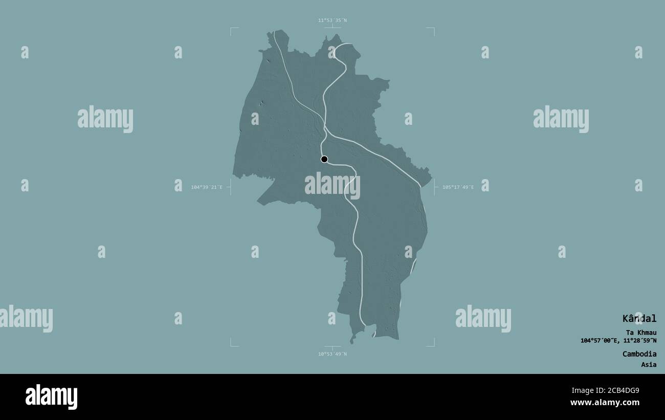 Zone de Kândal, province du Cambodge, isolée sur fond solide dans une boîte englobante géoréférencée. Étiquettes. Carte d'altitude en couleur. Rendu 3D Banque D'Images Zone de Kândal, province du Cambodge, isolée sur fond solide dans une boîte englobante géoréférencée. Étiquettes. Carte d'altitude en couleur. Rendu 3D Banque D'Images